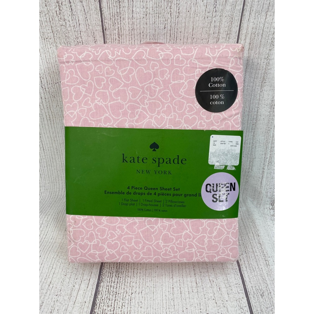 Kate Spade Sheet Set Queen Chalk Pink Outline Hearts 100% Cotton Romantic Girly